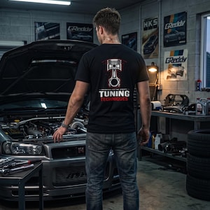 May include: Black t-shirt featuring a piston graphic and the text "TUNING TECHNIQUES" in red and white. The image shows a person in a garage with a car and tools.