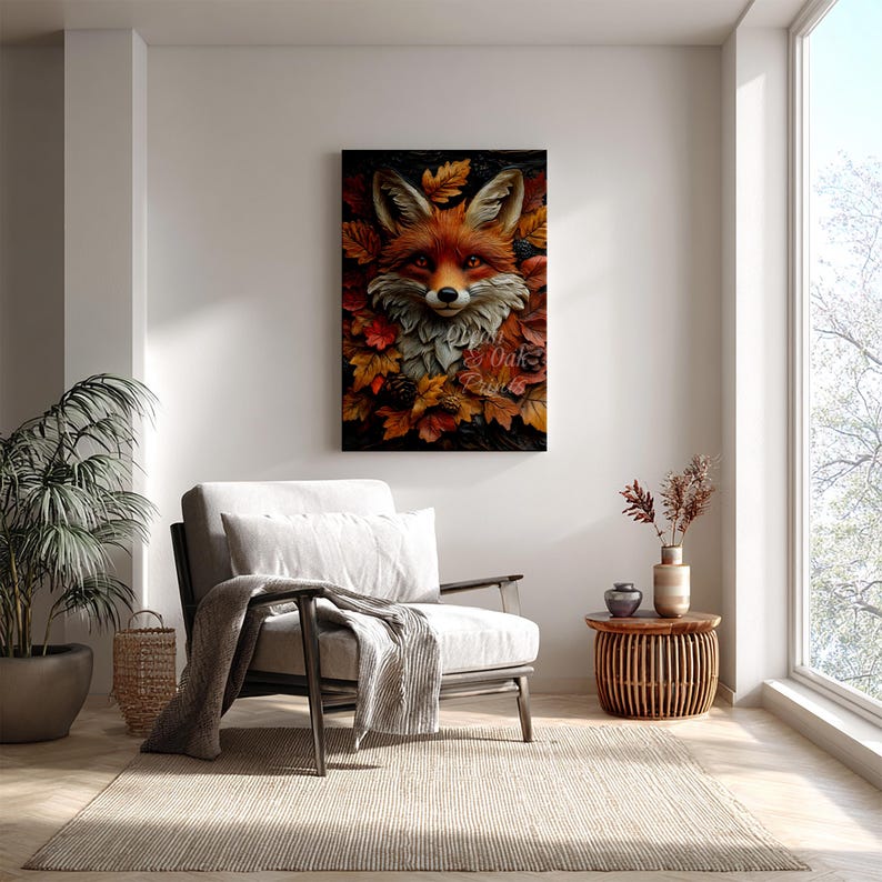 Rustic Fox Image Rustic Fox Portrait: Woodland Oak Leaves Bas-relief (printable Decor ...