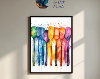 Watercolor Kitchen Utensils Art Print: Colorful Spatula Painting (Digital Print)