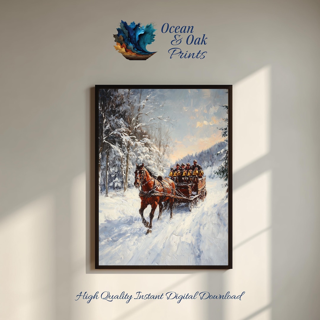 Rustic Sleigh Rides Vintage Horse Sleigh Ride Print: Rustic Winter Christmas Scene (digital ...
