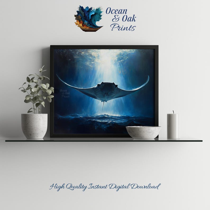 Manta Ray Art Print - Blue Ocean Scene, Nautical Wall Decor (digital ...