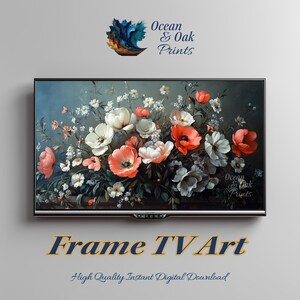 Puede incluir: Una impresión de arte digital mostrada en una pantalla de TV, con un arreglo floral con flores blancas, coral y grises. El texto "Frame TV Art" y "High Quality Instant Digital Download" son visibles. El logotipo de Ocean & Oak Prints es visible.
