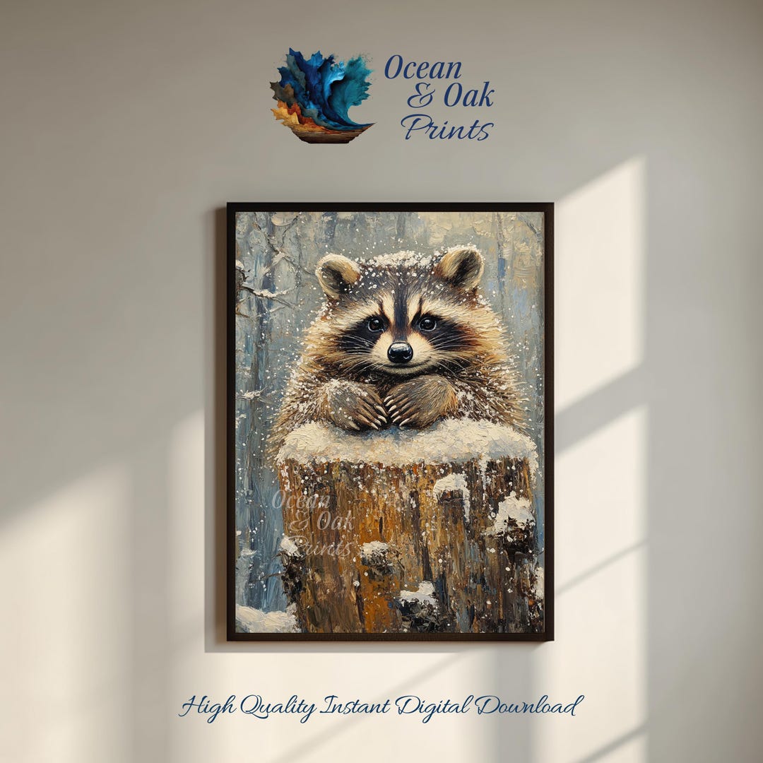 Rustic Raccoon Winter Raccoon Painting – Rustic Farmhouse Animal Art (digital Download ...