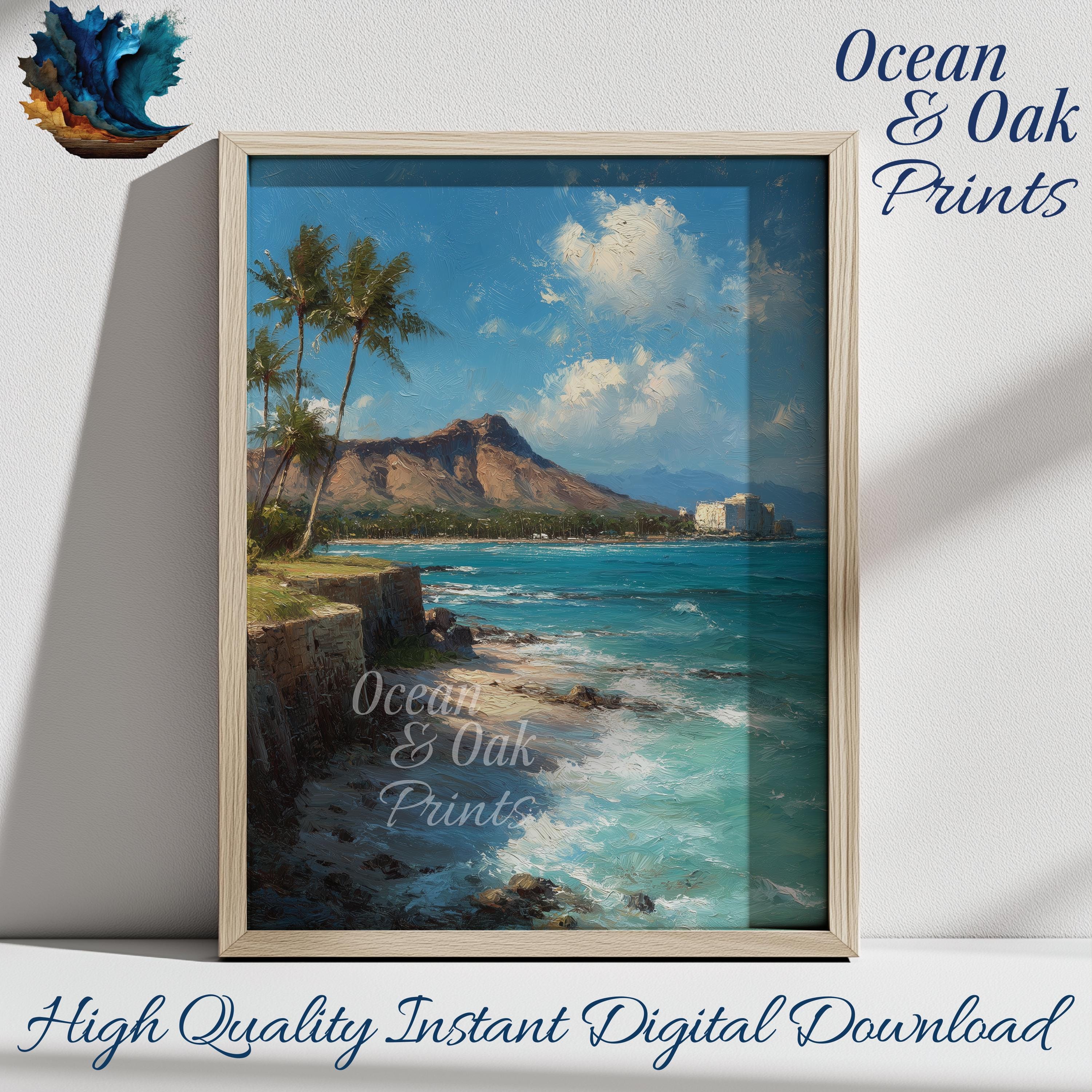 Vintage Hawaiian Diamond Head Painting: Coastal Decor Art (digital