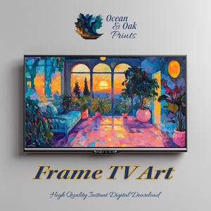 May include: A framed digital art print displayed on a TV screen. The artwork depicts a vibrant interior scene with a sunset view through arched windows. The color palette includes blues, oranges, and pinks. Text on the screen reads "Frame TV Art" and "High Quality Instant Digital Download."