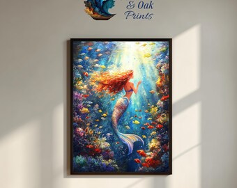 Aquarel print koraalrif zeemeermin: oceaanfantasiekunst (digitale download)
