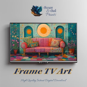 May include: A digital art print for a Frame TV featuring a colorful interior scene. The artwork showcases a pink sofa with patterned pillows, set against a teal background with arched windows and a large sun design. The text "Frame TV Art" is displayed.