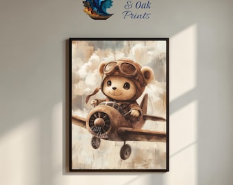 Teddy Bear Pilot Print: Rustic Nursery Airplane Decor (Digital Download)