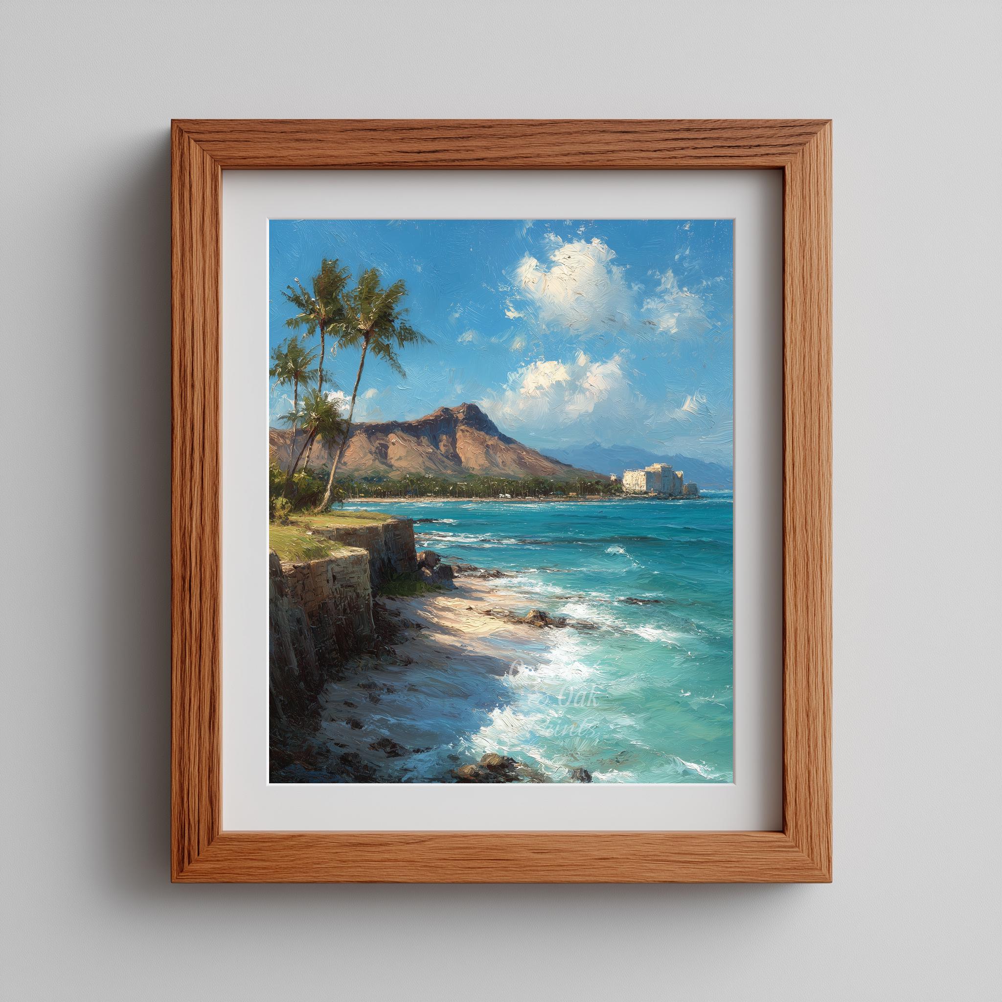 Vintage Hawaiian Diamond Head Painting: Coastal Decor Art (digital