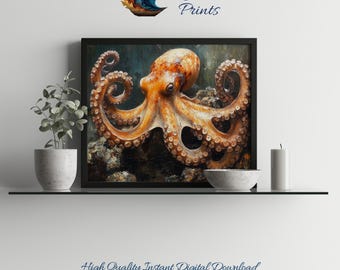 Octopus camouflageprint: levendige koraalrif oceaankunst (digitale download)