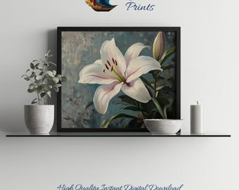 Print up to 24x30 Inches White Japanese Lily Printable, Vintage