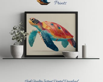 Retro Sea Turtle Print: Abstract Ocean Art, Danish Pastel Decor (Digital Download)