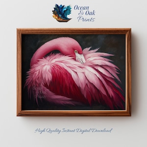 Może przedstawiać: Oprawiony wydruk przedstawiający flaminga z różowymi i czerwonymi piórami, z głową schowaną w upierzeniu. Grafika ma ciemne tło, widoczny jest tekst "Ocean & Oak Prints". Rama jest drewniana.