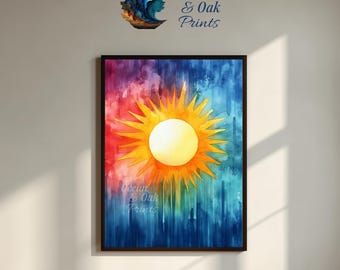 Impresión artística Rainbow Sunburst: Sol vibrante en acuarela (descarga digital)