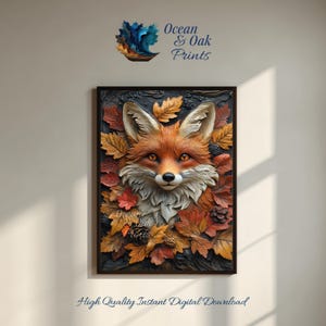 May include: A framed artwork depicting a fox surrounded by autumn leaves and pinecones. The fox has orange fur and yellow eyes. The artwork is set against a dark background. The text "Ocean & Oak Prints" and "High Quality Instant Digital Download" are visible.