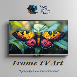 May include: A digital art print displayed on a TV screen. The artwork features a colorful butterfly with yellow, orange, and pink wings. The text "Frame TV Art" and "High Quality Instant Digital Download" are visible.