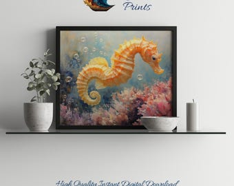 Zeepaardje koraalrif-olieverfschilderij – kustkunstprint (digitale download)
