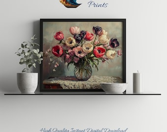Tulip Still Life Art Print: Vintage Floral Painting, Cottagecore Decor (Digital Download)