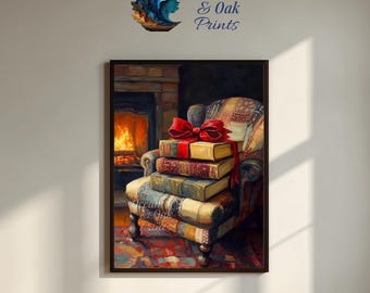 Impression vintage de livres près de la cheminée : oeuvre d'art murale hivernale Cottagecore (téléchargement numérique)