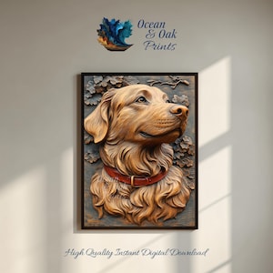 May include: A framed wooden relief sculpture of a dog's head, featuring detailed carving and a red collar. The artwork is in shades of brown and tan, with the text "Ocean & Oak Prints" and "High Quality Instant Digital Download".