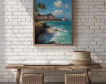 Vintage Hawaiian diamondhead ステンドグラスアート Vintage Hawaiian Diamond Head Painting: Coastal Decor Art (digital