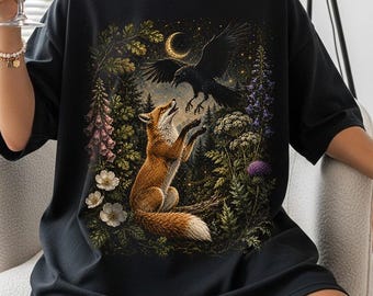 Fuchs Rabe Shirt, mystisches Wald T-Shirt, Vintage botanisches T-Shirt, Witchy T Shirt, gotisches Tier T-Shirt, himmlische Kunst, Waldnatur Geschenk