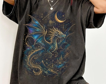 Celestial Dragon Shirt, Gold Fantasy T-Shirt, Mystic Dragon Tee for Witchcore Style, Moon Star Tee, Gothic Clothing, Fantasy Lovers Gift