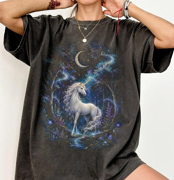 Unicorn Shirt, Fantasy Unicorn Tee, Celestial Forest T-Shirt, Vintage Mystic Moon Graphic TShirt, Magical Gift Women, Sparkly Unicorn Tee