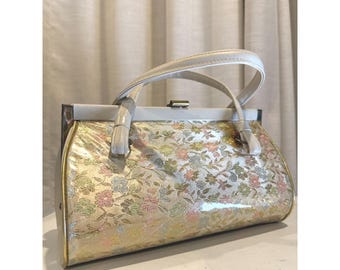 Vintage Verdi Brocade Floral Handbag with Vinyl Handles