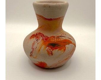 Nemadji Pottery Vase – Vibrant Orange Clay Swirl – 3.5" Vintage Southwest Style