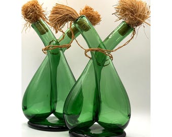 Vintage Green Glass Vases or Cruets with Original Raffia Stoppers MCM