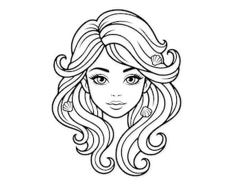 Puede incluir: Ilustración en blanco y negro del rostro de una mujer con cabello largo y ondulado. El cabello está adornado con conchas marinas. La mujer tiene ojos grandes, una nariz pequeña y una sonrisa suave. La imagen es un dibujo lineal.
