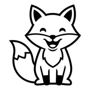 Op de afbeelding: Een zwart-wit cartoon illustratie van een lachende vos. De vos heeft een vrolijke uitdrukking met zijn mond open en zijn staart is gekromd. De vos zit rechtop met zijn benen bij elkaar.