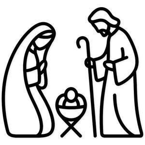 May include: A black and white line drawing depicts the Nativity scene. Mary and Joseph stand on either side of the baby Jesus in a manger. Joseph holds a staff. The figures are outlined in black against a white background.