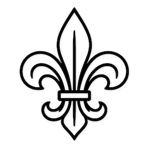 Könnte beinhalten: Ein schwarz-weißes Fleur-de-Lis-Design. Das stilisierte Emblem zeigt eine zentrale aufrechte Blütenblattform, flankiert von geschwungenen Elementen auf beiden Seiten. Ein horizontaler Balken verbindet die Basis des Designs. Das Bild ist vor weißem Hintergrund.