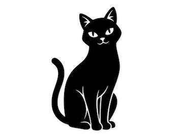 May include: A black cat illustration with white accents. The cat is sitting upright with its tail curved. The cat has white eyes and a white smile. The background is white.