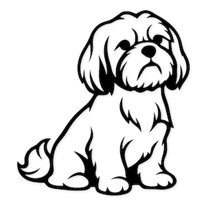 May include: A black and white illustration of a Shih Tzu dog in a sitting position. The dog has a fluffy coat, floppy ears, and a small, curled tail. The dog's eyes are dark and expressive, and it has a slightly sad expression.