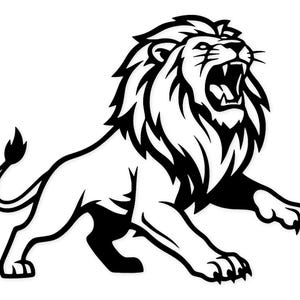 May include: A black and white illustration of a roaring lion in a dynamic pose. The lion's mane is detailed, and its mouth is wide open, showcasing its teeth. The image is a bold, graphic representation of the animal.