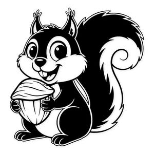 Op de afbeelding: Zwart-wit cartoon illustratie van een eekhoorn die een grote noot vasthoudt. De eekhoorn heeft een vrolijke uitdrukking met een brede glimlach en grote ogen. De staart van de eekhoorn is groot en gekruld.