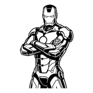 May include: Black and white illustration of Iron Man, a superhero in a suit of armor. The character is depicted with arms crossed, showcasing the intricate details of the armor design. The image is a graphic representation of the iconic Marvel Comics character.