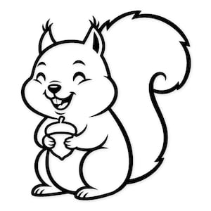 May include: A black and white cartoon illustration of a smiling squirrel holding an acorn. The squirrel has a large, fluffy tail and is depicted with a happy expression. The image is a simple, clean design.