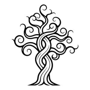 May include: A black and white illustration of a stylized tree. The tree's trunk is composed of intertwined, flowing lines. The branches and leaves are represented by swirling, curved lines, creating a decorative and organic design against a white background.