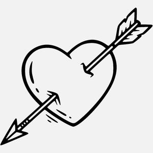 Puede incluir: Ilustración en blanco y negro de un corazón atravesado por una flecha. El corazón está delineado en negro, con una forma simple y redondeada. La flecha también es negra, con una punta y plumas, creando un tema clásico del Día de San Valentín.
