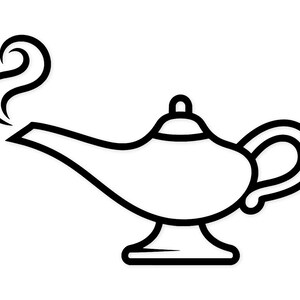 Può includere: Un disegno a tratto nero e bianco di una lampada di un genio. La lampada ha un beccuccio curvo, un corpo arrotondato e un manico. Il fumo si alza dal beccuccio. La lampada è su sfondo bianco.