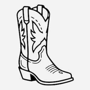 Peut inclure: Illustration en noir et blanc d'une botte de cowboy. La botte présente un bout pointu, un talon empilé et des coutures décoratives sur la tige. Ce dessin représente une botte de style western classique.