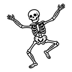 Könnte beinhalten: Schwarz-weiße Illustration eines tanzenden Skeletts mit erhobenen Armen. Das Skelett ist in einer spielerischen Pose dargestellt, die Beine angewinkelt, als ob es sich im Schritt befände. Das Bild ist eine einfache, cartoonartige Zeichnung, ideal für Halloween.