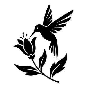 Peut inclure: Silhouette noire d'un colibri en vol près d'une fleur stylisée. L'oiseau a les ailes déployées et le bec tendu vers la fleur. Le dessin comprend des feuilles et une tige, le tout en noir sur fond blanc.