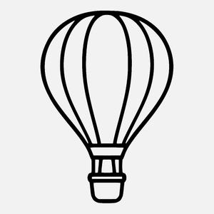 Op de afbeelding: Een zwart-witte lijntekening van een heteluchtballon. De ballon heeft een afgeronde bovenkant met verticale lijnen en een rechthoekige mand aan de onderkant. De afbeelding is eenvoudig en grafisch.