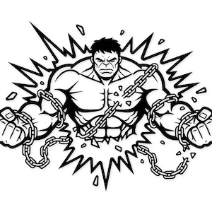 Può includere: Illustrazione in bianco e nero di Hulk che sfonda un muro. Hulk è muscoloso, con catene attorno ai polsi. L'immagine ha uno stile fumettistico con linee frastagliate che si irradiano verso l'esterno.