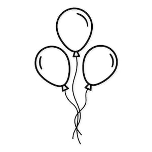 May include: A black and white line drawing of three balloons tied together. The balloons are oval-shaped with a black outline and a white fill. The strings are also black.